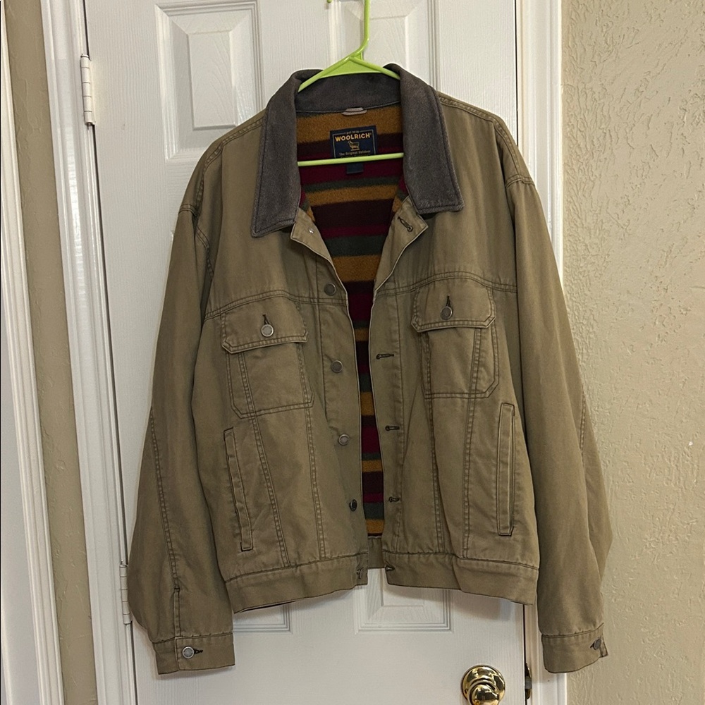 Vintage Woolrich Barn Coat Mens XL Chore Blanket Leather Collar in Dark Wheat